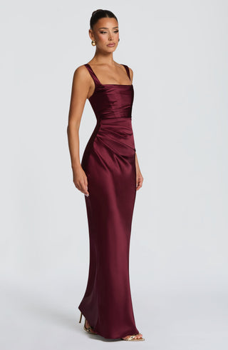 M.T Calanthe Maxi Dress Satin Corset Cherry Lacquer