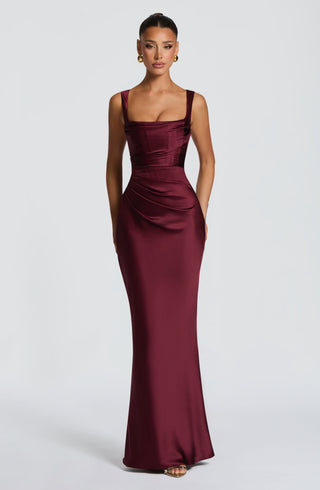 M.T Calanthe Maxi Dress Satin Corset Cherry Lacquer