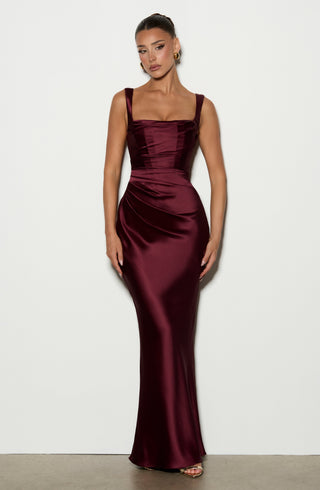 M.T Calanthe Maxi Dress Satin Corset Cherry Lacquer
