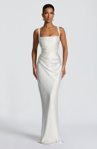 M.T Calanthe Maxi Dress Satin Square Neck Ivory