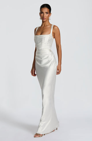 M.T Calanthe Maxi Dress Satin Square Neck Ivory