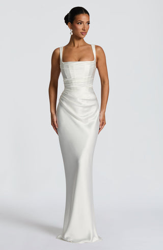 M.T Calanthe Maxi Dress Satin Square Neck Ivory