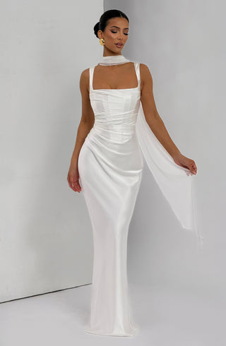 M.T Calanthe Maxi Dress Satin Square Neck Ivory