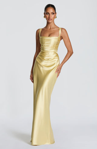 M.T Calanthe Maxi Dress Satin Corset Square Neck Lemon