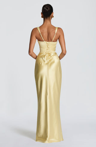 M.T Calanthe Maxi Dress Satin Corset Square Neck Lemon