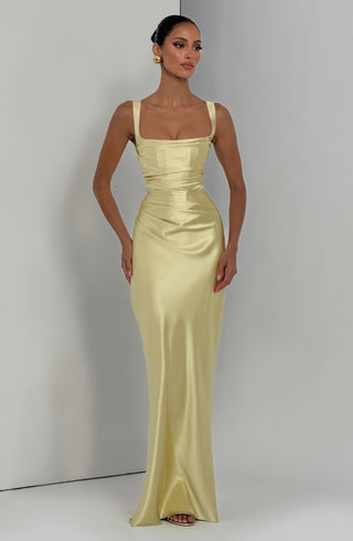 M.T Calanthe Maxi Dress Satin Corset Square Neck Lemon