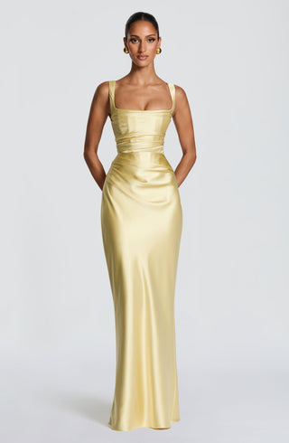 M.T Calanthe Maxi Dress Satin Corset Square Neck Lemon