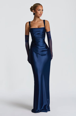 M.T Calanthe Maxi Dress Satin Corset Bodice Navy