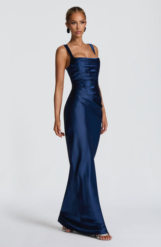 M.T Calanthe Maxi Dress Satin Corset Bodice Navy