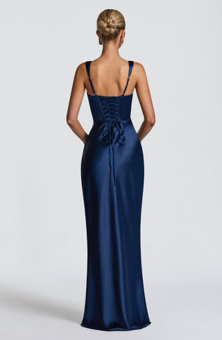 M.T Calanthe Maxi Dress Satin Corset Bodice Navy