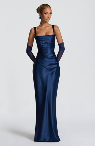 M.T Calanthe Maxi Dress Satin Corset Bodice Navy