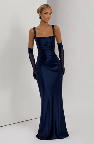 M.T Calanthe Maxi Dress Satin Corset Bodice Navy