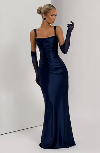 M.T Calanthe Maxi Dress Satin Corset Bodice Navy