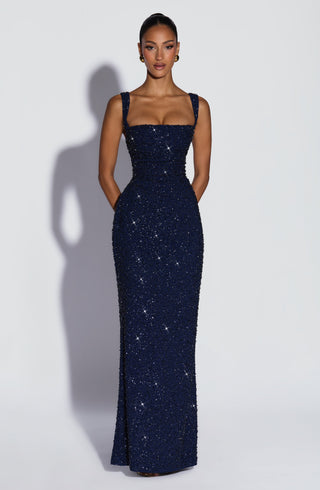 R.F Calanthe Maxi Dress Embellished Chiffon Navy Sparkle