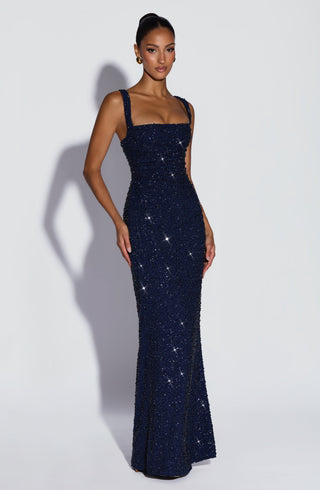 R.F Calanthe Maxi Dress Embellished Chiffon Navy Sparkle
