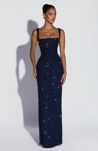 R.F Calanthe Maxi Dress Embellished Chiffon Navy Sparkle