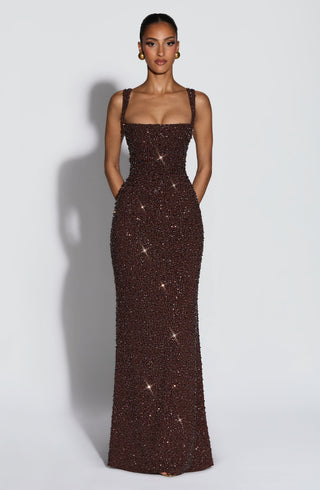 R.F Calanthe Maxi Dress Embellished Chiffon Plum Brown Sparkle