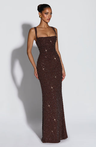 R.F Calanthe Maxi Dress Embellished Chiffon Plum Brown Sparkle