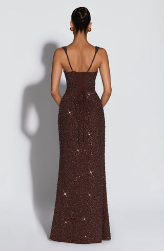 R.F Calanthe Maxi Dress Embellished Chiffon Plum Brown Sparkle