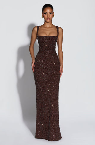 R.F Calanthe Maxi Dress Embellished Chiffon Plum Brown Sparkle