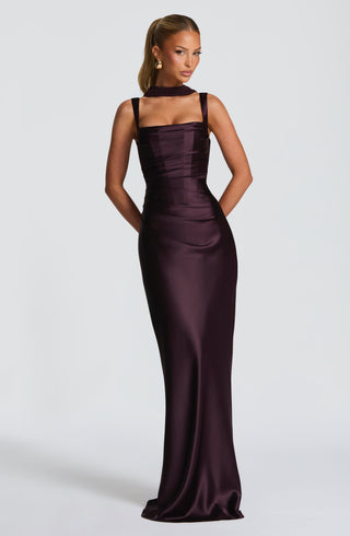 M.T Calanthe Maxi Dress Satin Corset Bodice Plum