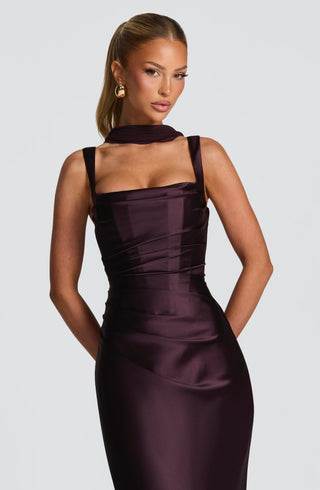 M.T Calanthe Maxi Dress Satin Corset Bodice Plum