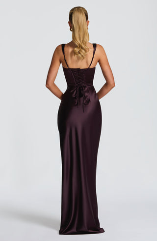 M.T Calanthe Maxi Dress Satin Corset Bodice Plum
