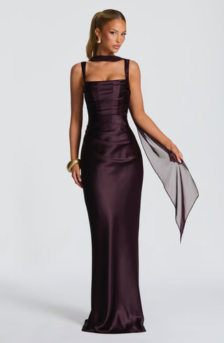 M.T Calanthe Maxi Dress Satin Corset Bodice Plum