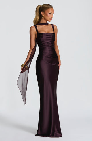 M.T Calanthe Maxi Dress Satin Corset Bodice Plum
