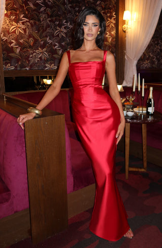 M.T Calanthe Maxi Dress Satin Finish Square Neck Red