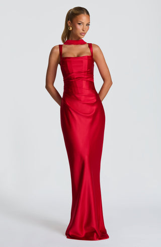M.T Calanthe Maxi Dress Satin Finish Square Neck Red