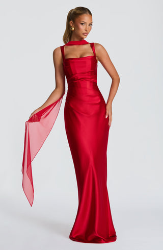 M.T Calanthe Maxi Dress Satin Finish Square Neck Red