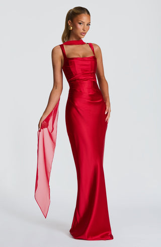 M.T Calanthe Maxi Dress Satin Finish Square Neck Red