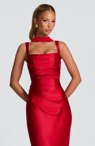 M.T Calanthe Maxi Dress Satin Finish Square Neck Red
