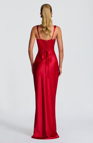 M.T Calanthe Maxi Dress Satin Finish Square Neck Red