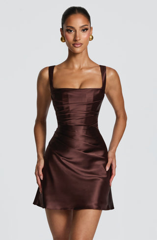 M.T Calanthe Mini Dress Satin Corset Bodice Plum Brown