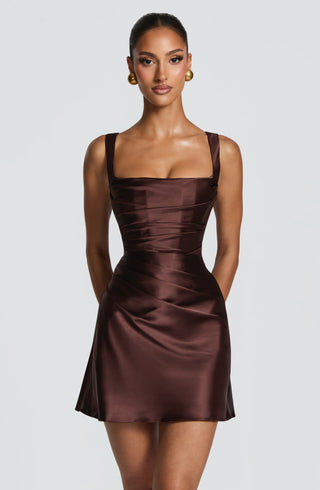 M.T Calanthe Mini Dress Satin Corset Bodice Plum Brown