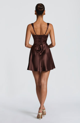 M.T Calanthe Mini Dress Satin Corset Bodice Plum Brown