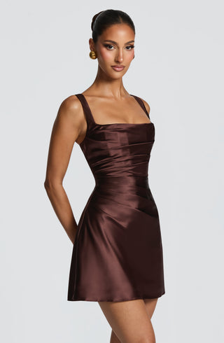 M.T Calanthe Mini Dress Satin Corset Bodice Plum Brown