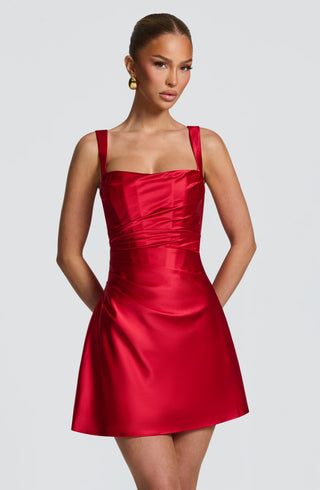 M.T Calanthe Mini Dress Satin Corset Bodice Red