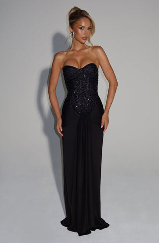 R.F Carina Maxi Dress Embellished Mesh Corset Black