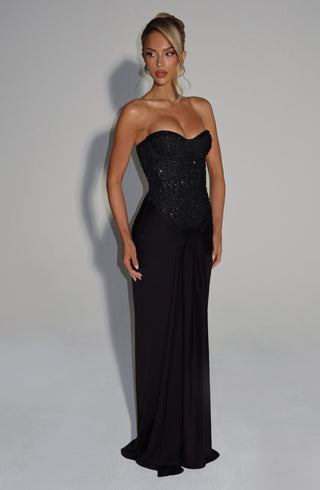 R.F Carina Maxi Dress Embellished Mesh Corset Black