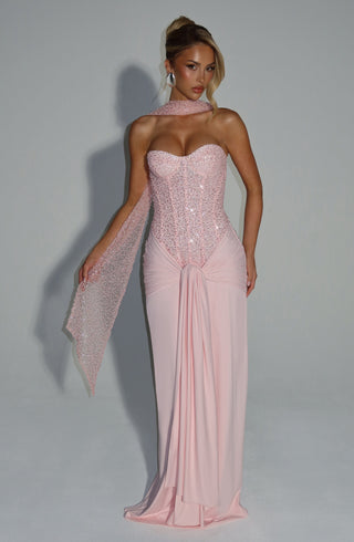 R.F Carina Maxi Dress Corset Embellished Mesh Bodice Blush