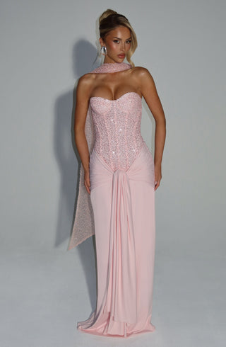 R.F Carina Maxi Dress Corset Embellished Mesh Bodice Blush