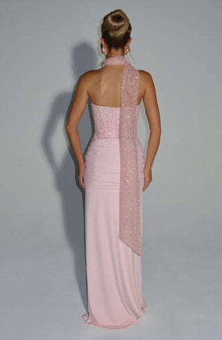 R.F Carina Maxi Dress Corset Embellished Mesh Bodice Blush