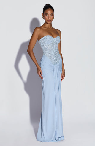 R.F Carina Maxi Dress Embellished Mesh Bodice Glacier Blue