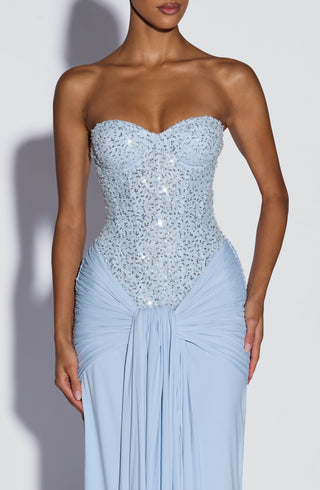 R.F Carina Maxi Dress Embellished Mesh Bodice Glacier Blue