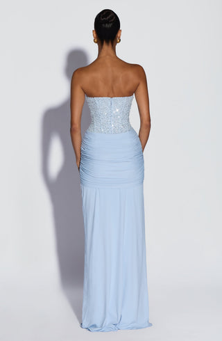 R.F Carina Maxi Dress Embellished Mesh Bodice Glacier Blue