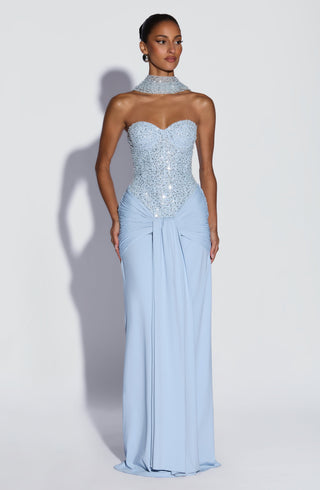 R.F Carina Maxi Dress Embellished Mesh Bodice Glacier Blue