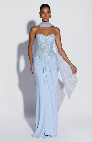R.F Carina Maxi Dress Embellished Mesh Bodice Glacier Blue